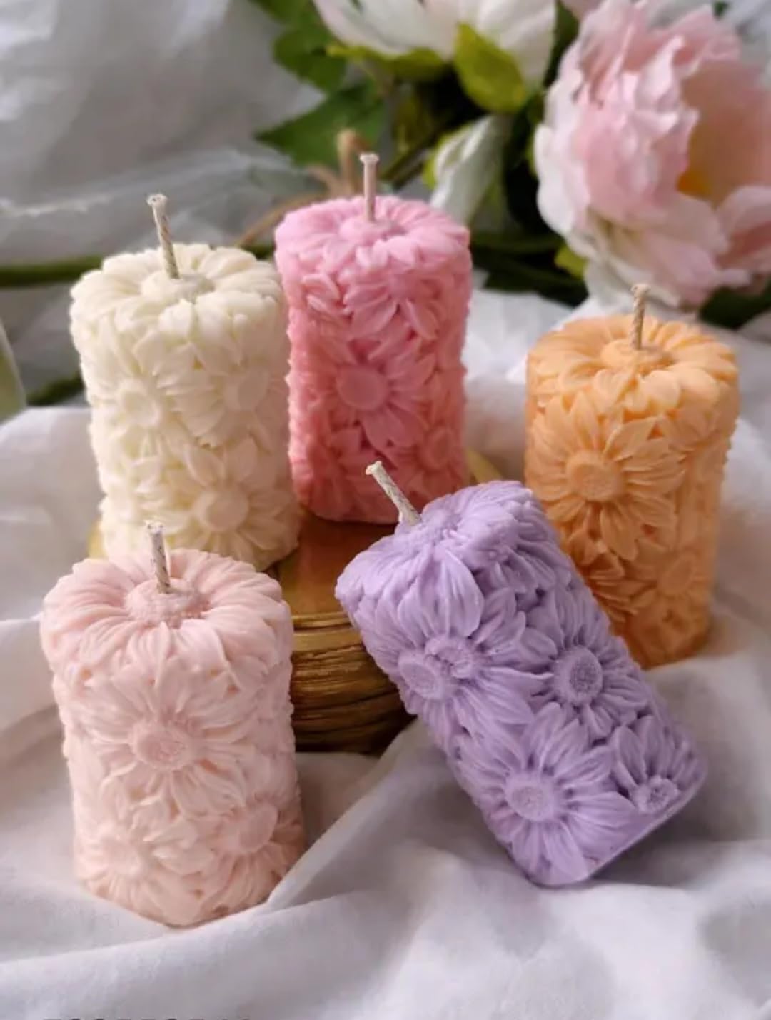 Floral Daisy Pillar Candles, Decorative Sculpted Flower Design, Multicolor, Set of 2, Random Colour
