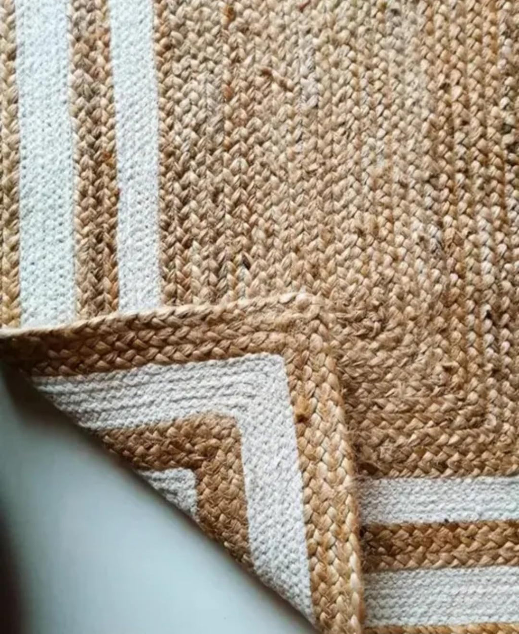 Braided Jute Handcrafted Runner Rug, Natural and White Border, Rectangular, Bohemian Style, Hallway or Entryway