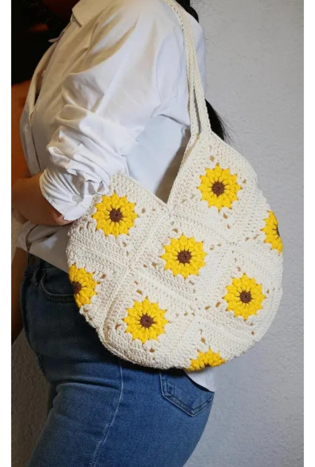 Handmade Crochet Sunflower Tote Bag, Cream and Yellow, Cotton Shoulder Bag