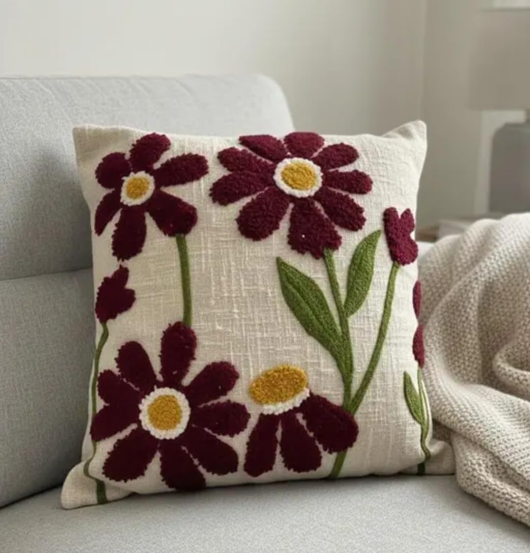 Handcrafted Embroidered Floral Throw Pillow Cover, Burgundy Daisy on Cream, Boho Decorative Cushion Cover