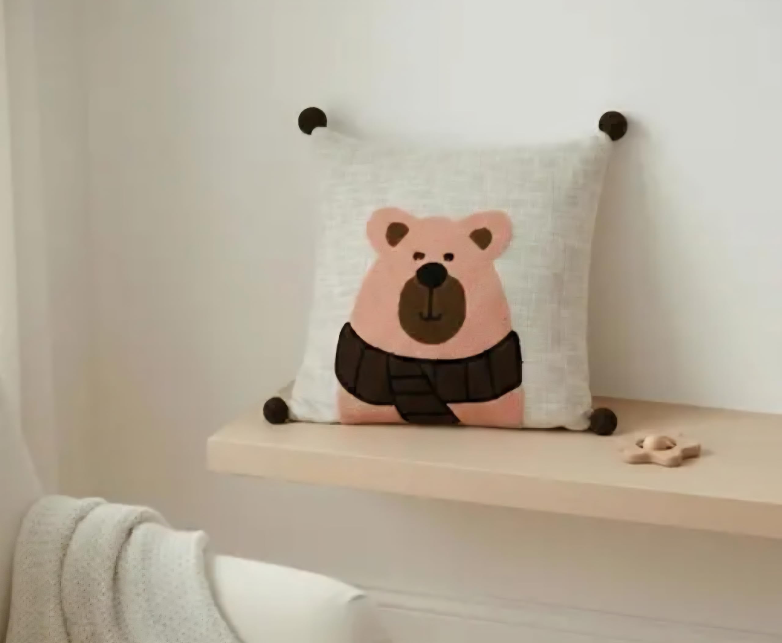 Kids Decorative Bear Handcrafted Throw Pillow Cover, Cute Animal Design with Pom Pom Corners, Nursery Room Decor