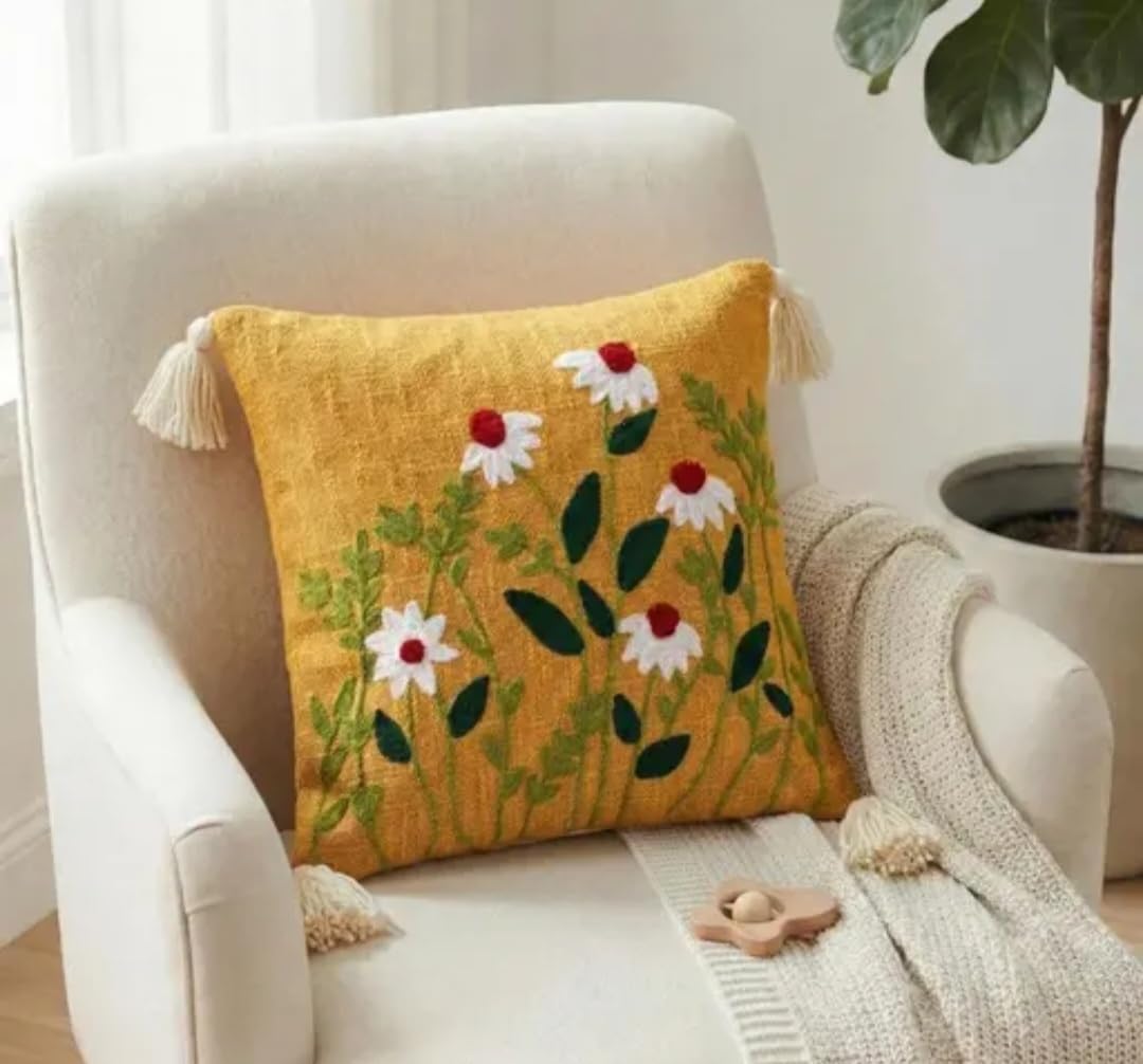 Embroidered Floral Throw Pillow Cover, Yellow, Daisy Pattern with Tassels, Boho Style
