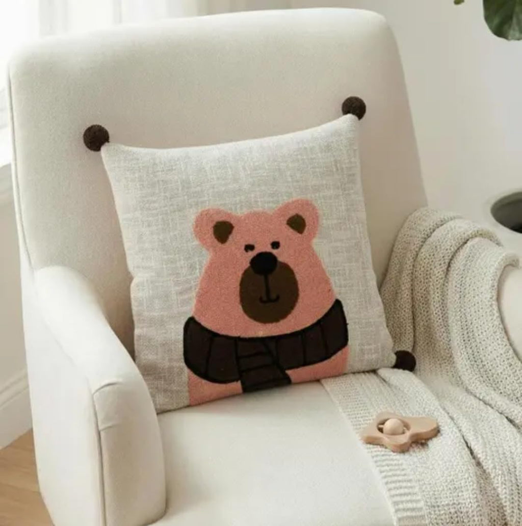 Kids Decorative Bear Handcrafted Throw Pillow Cover, Cute Animal Design with Pom Pom Corners, Nursery Room Decor