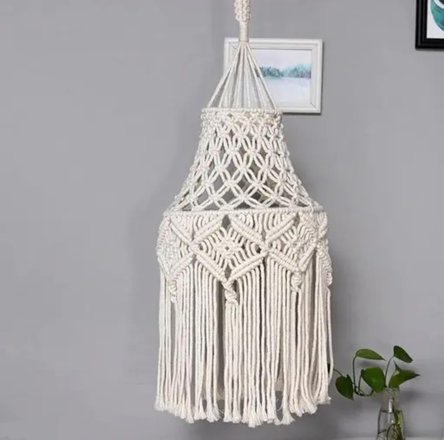 Handmade Macrame Lamp Shade, Bohemian Woven Cotton Pendant Light Cover, Cream White, Hanging Decorative Light Fixture with Fringe Design