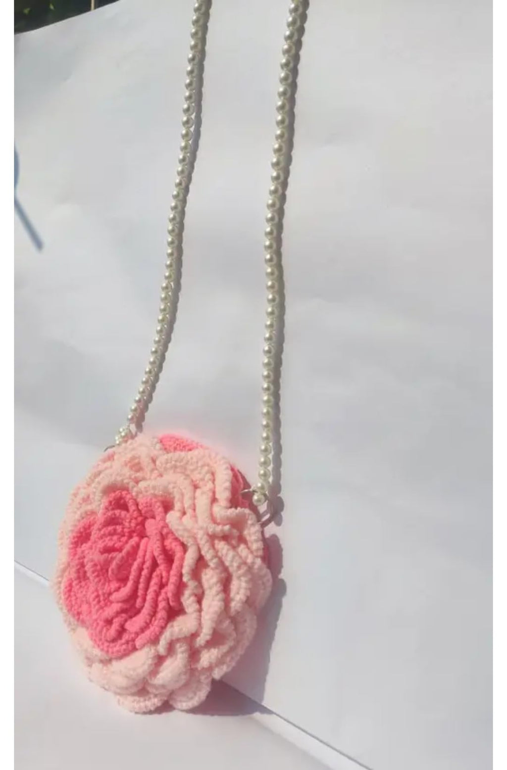 Crochet Rose Shaped Bag, Pink, Yarn, Pearl Chain Strap, Floral Clutch Purse