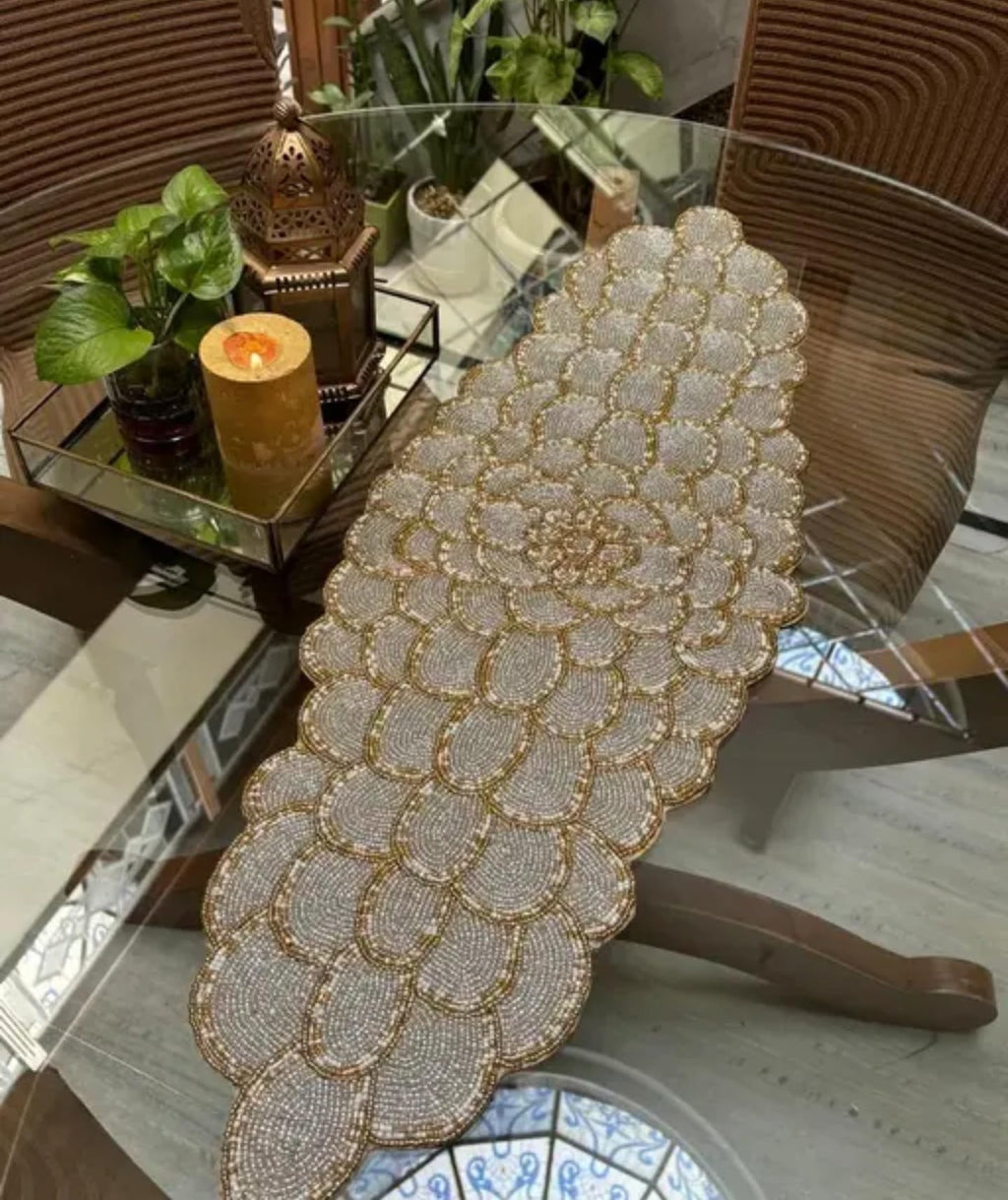 Beaded Handcrafted Placemat, Gold and Silver, Scalloped Edge Design, Decorative Table Setting