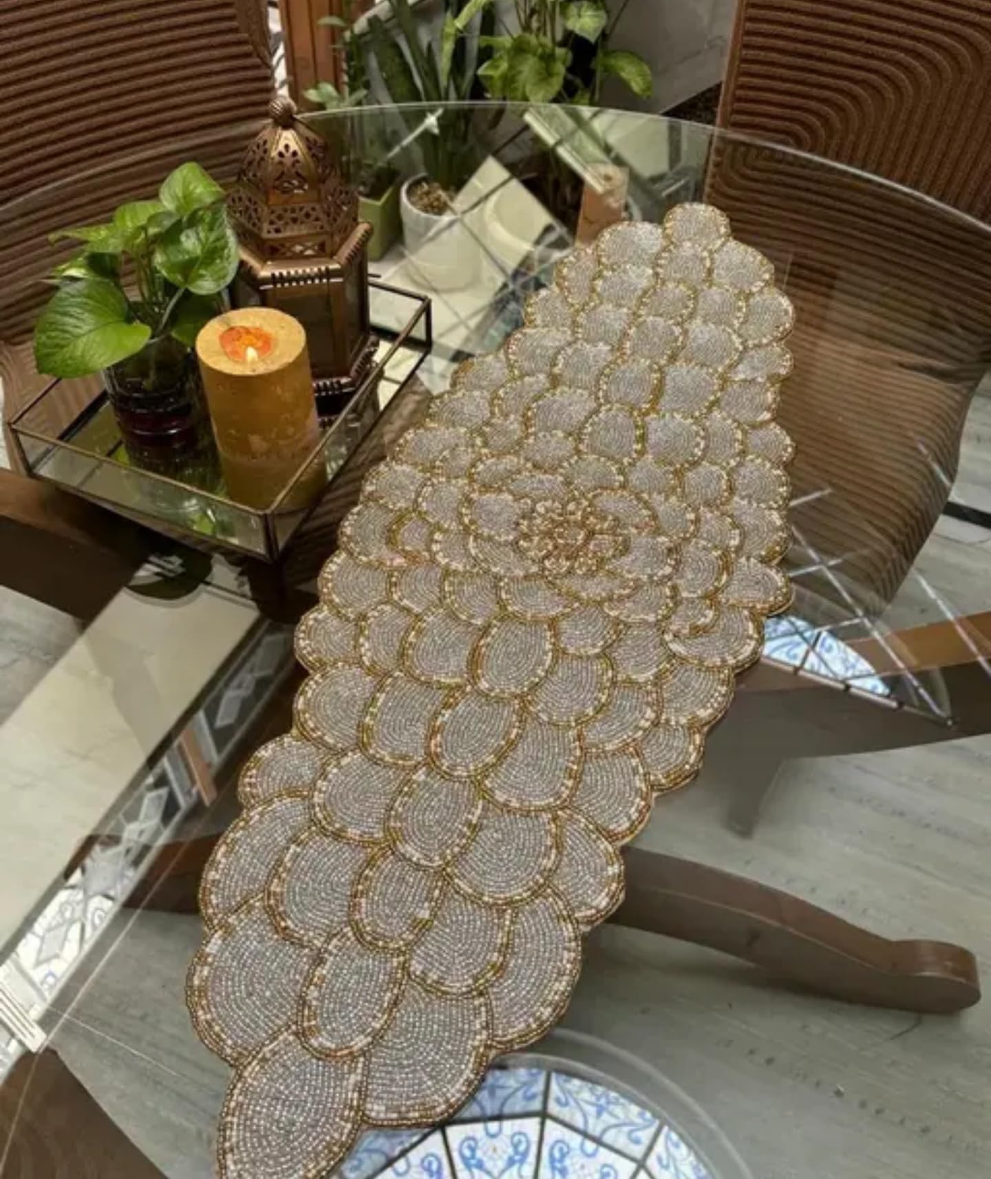 Beaded Handcrafted Placemat, Gold and Silver, Scalloped Edge Design, Decorative Table Setting