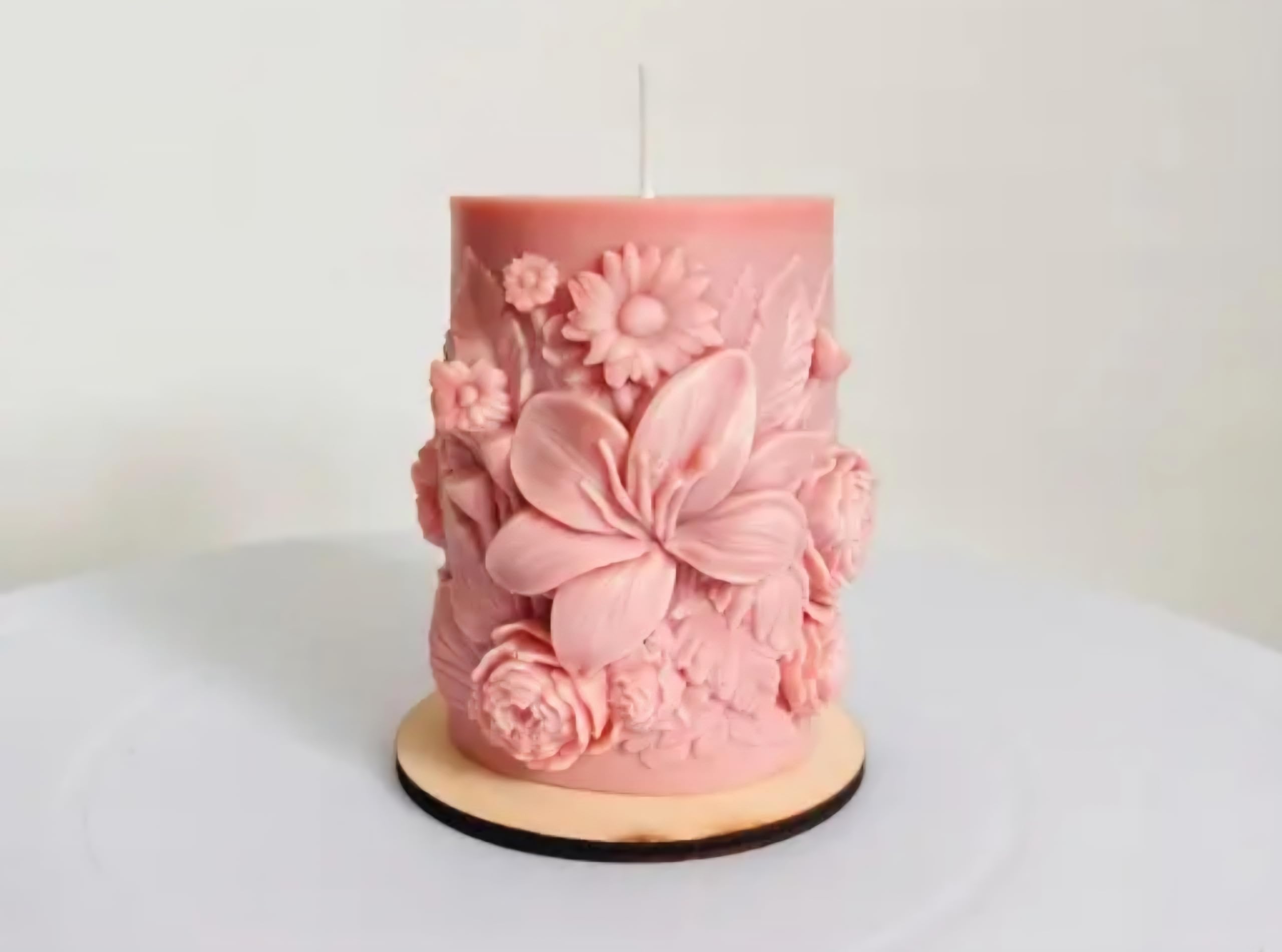 Decorative Floral Candle, Pink, 3D Embossed Flowers, Pillar Style, Home Decor