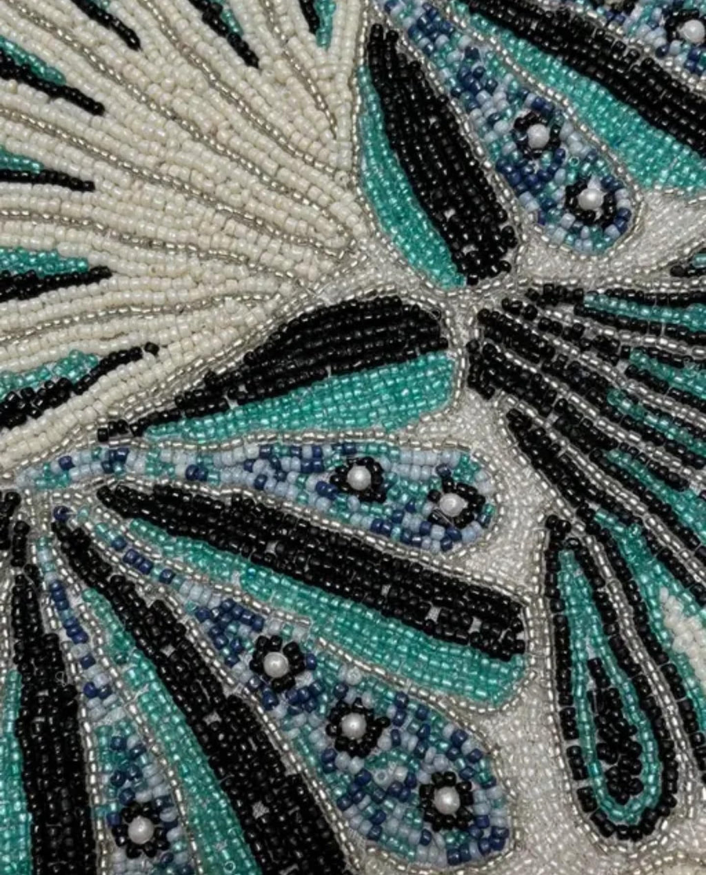 Beaded Handcrafted Table Runner, Teal Green and Cream, Decorative Home Accent, Floral Design