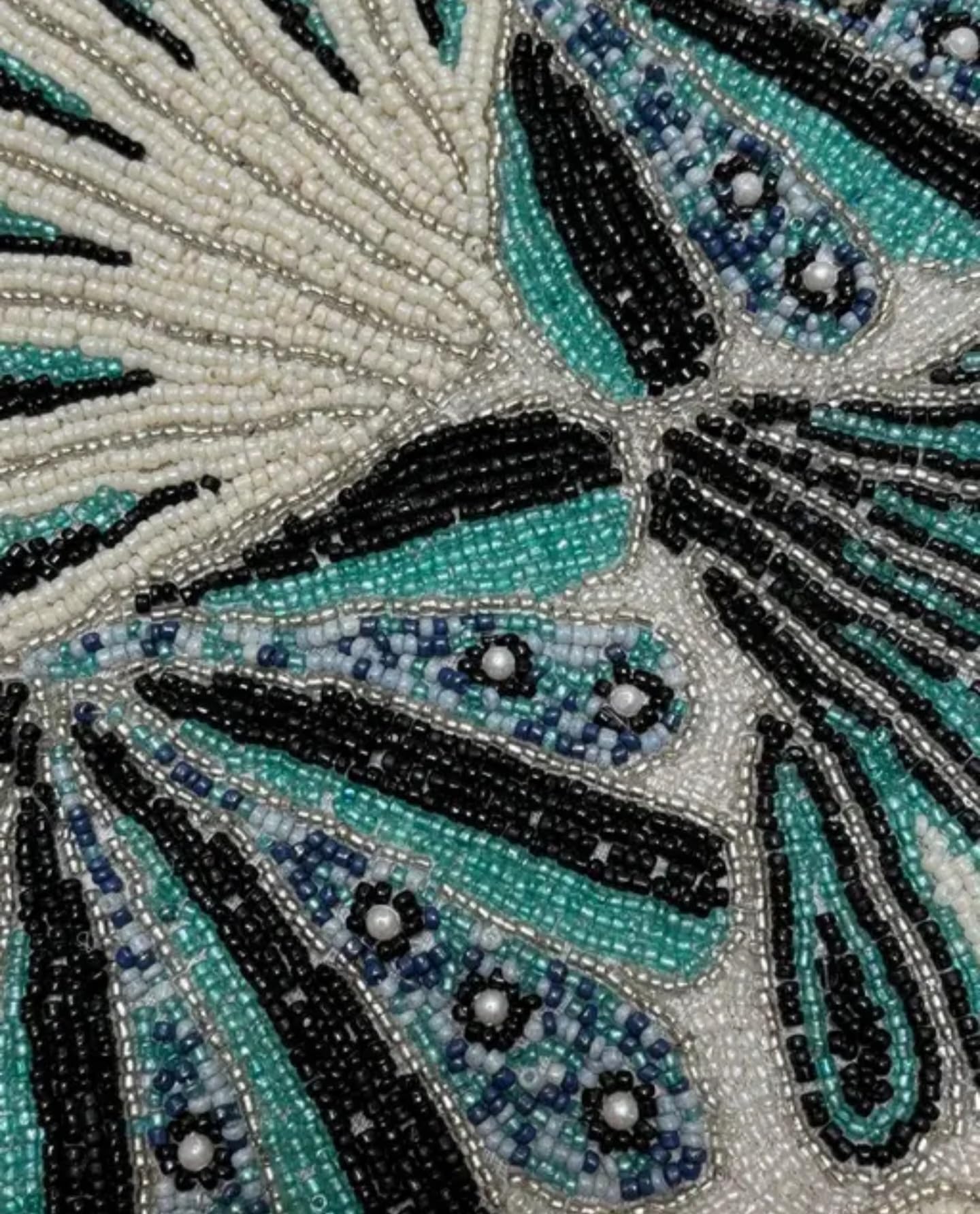 Beaded Handcrafted Table Runner, Teal Green and Cream, Decorative Home Accent, Floral Design