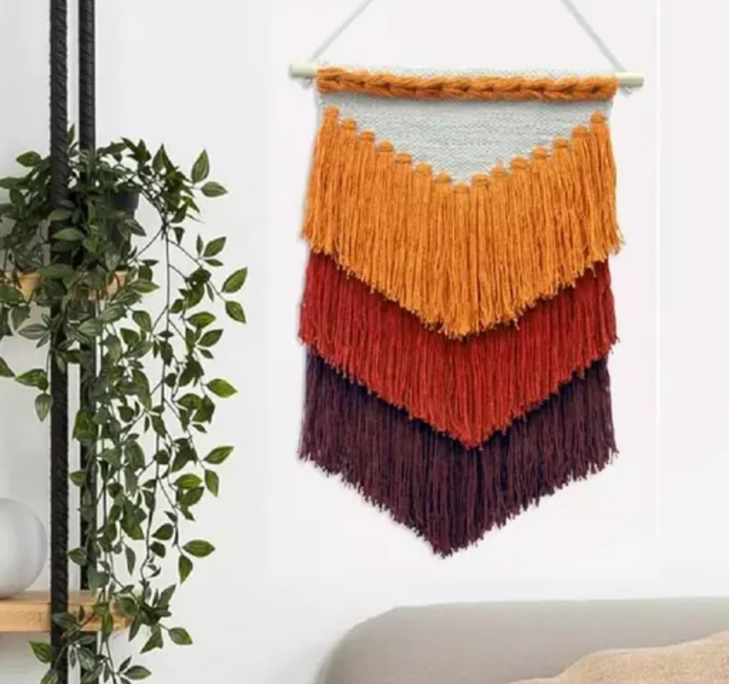 Boho Macrame Wall Hanging, Handwoven Tapestry with Orange, Red and Brown Chevron Design
