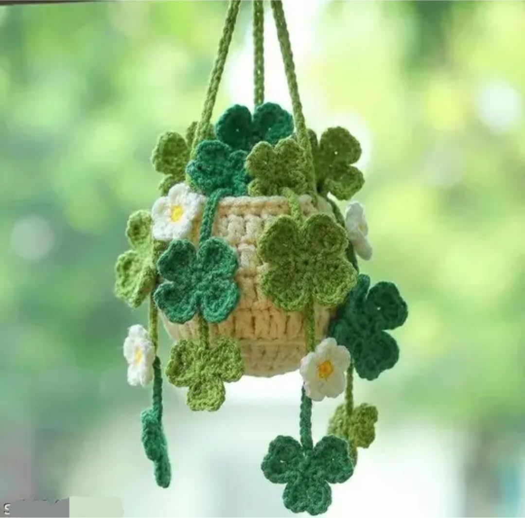 Crochet Hanging Basket Planter, Green Clover and White Flower Design, Handmade Knit Home Decor