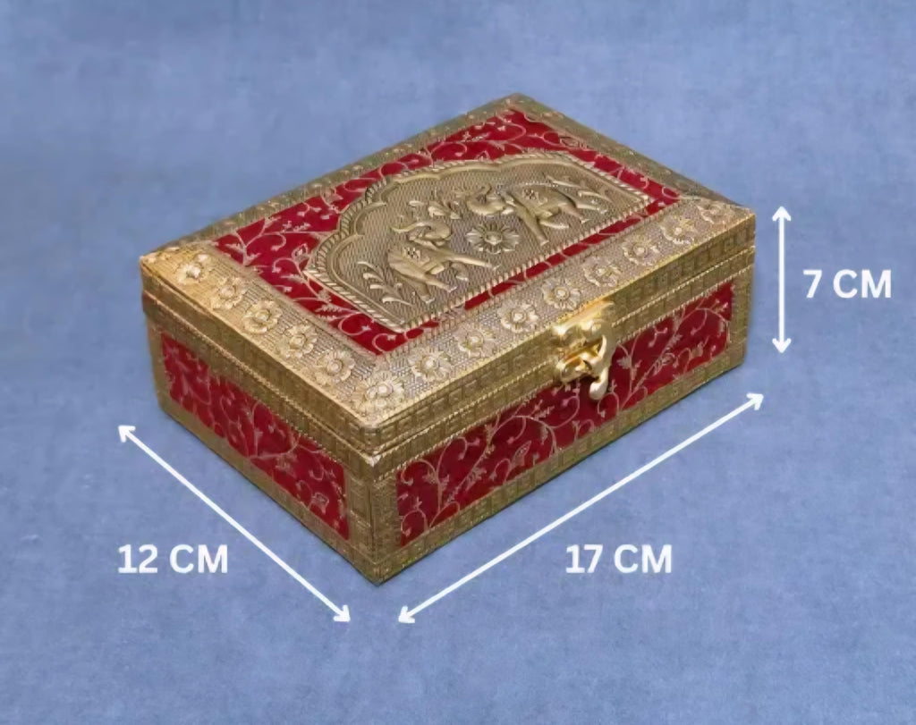 Decorative Jewelry Box, Red and Gold, Embossed Metal Design, Rectangular Storage with Clasp