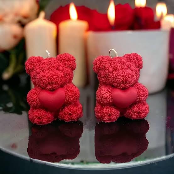 Decorative Rose Teddy Bear Scented Candles, Red, Set of 2, Romantic Heart Design, Romantic Gift, Valentine Day Gift, for her
