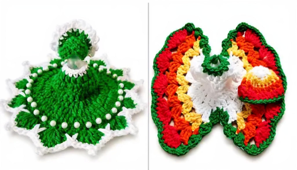 Handmade Crochet Woolen Dress for Laddu Gopal, Green and Multicolor, Set of 2