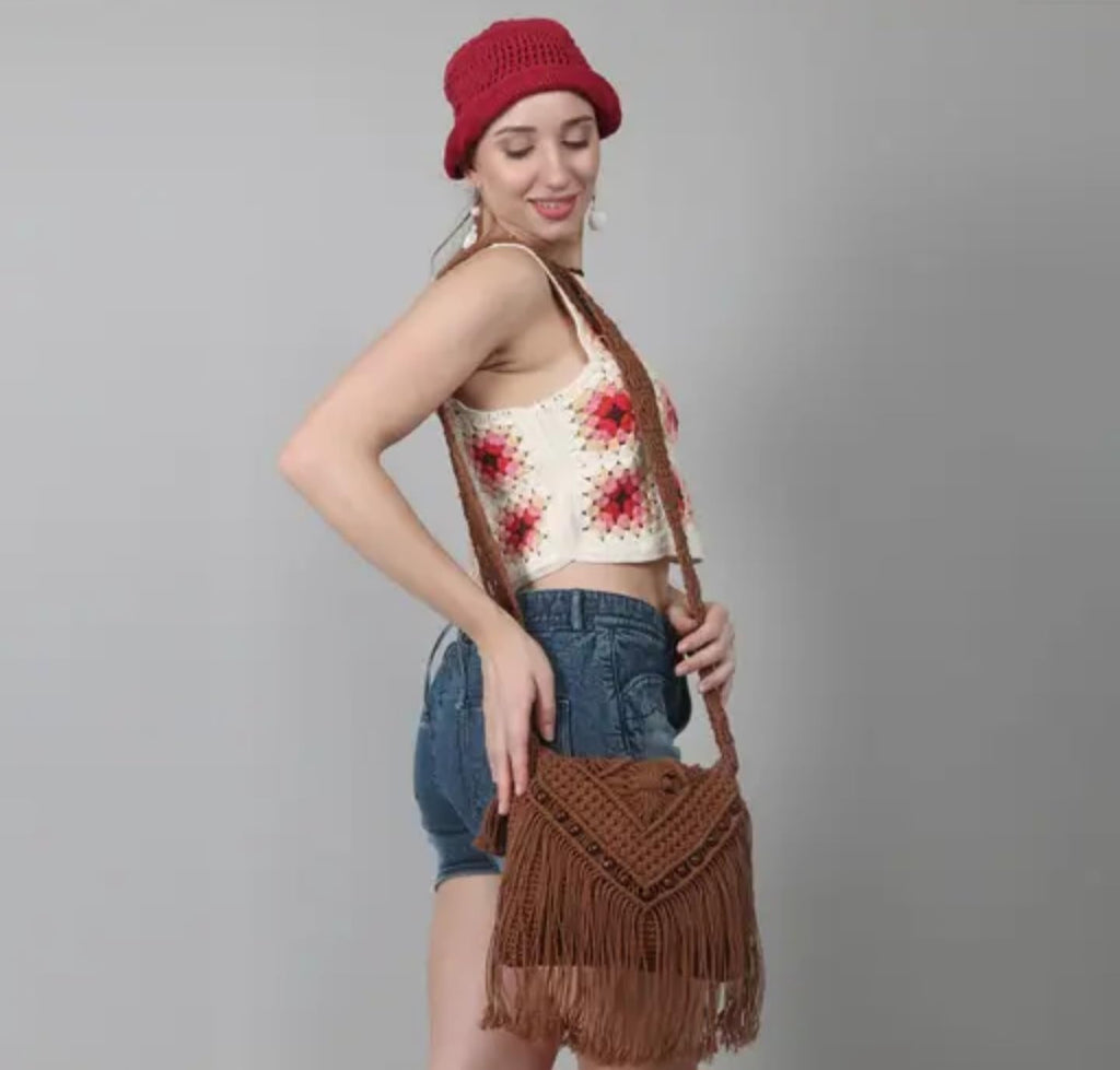 Handmade Macrame Crossbody Bag, Brown Cotton Rope, Bohemian Style with Fringe Detail