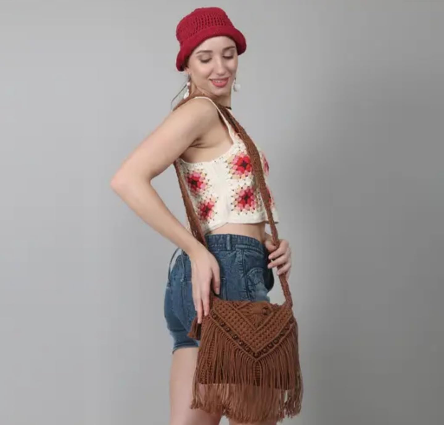 Handmade Macrame Crossbody Bag, Brown Cotton Rope, Bohemian Style with Fringe Detail