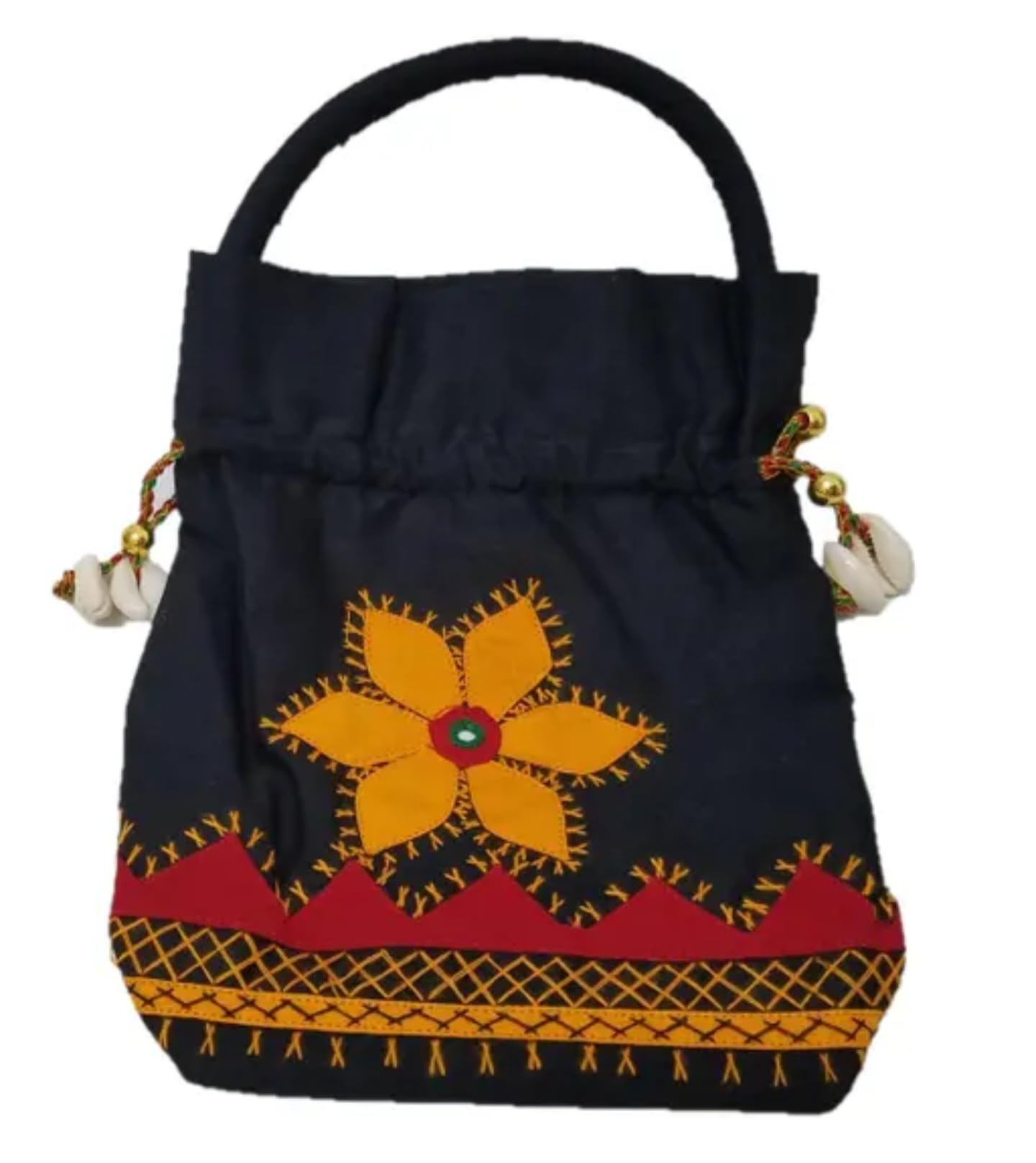 Decorative Drawstring Handbag, Black with Orange Floral Embroidery, Traditional Design, eco-friendly handcrafted Handbag