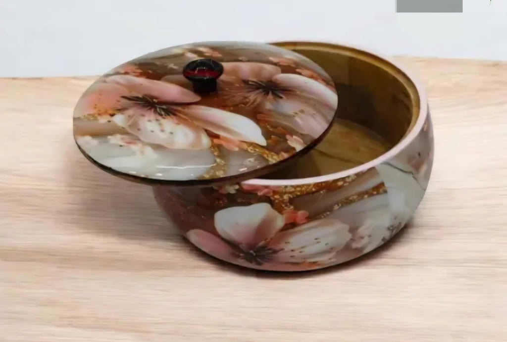 Wooden Bowl with Lid, Floral Design, White with Pink Blossoms and Gold Accents