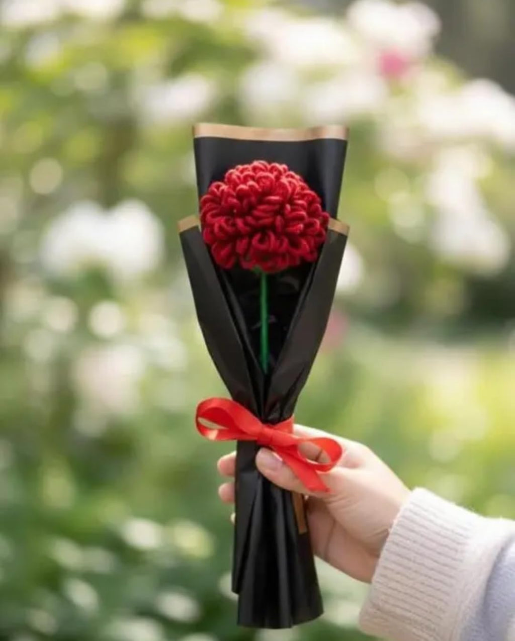 Handmade Crochet Red Flower Bouquet, Single Stem, Black Wrapping with Gold Trim, Red Ribbon