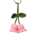 Handmade Crochet Cherry Blossom Keychain, Pink Flowers with Green Leaves, Decorative Bag Charm