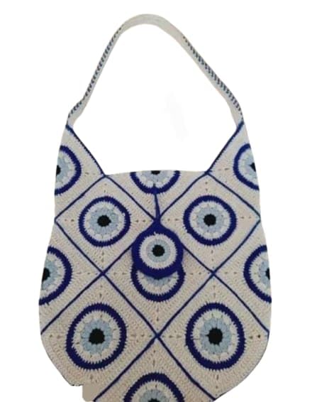 Handmade Crochet Tote Bag, Blue and Beige, Evil Eye Pattern, Boho Shoulder Bag with Granny Square Design