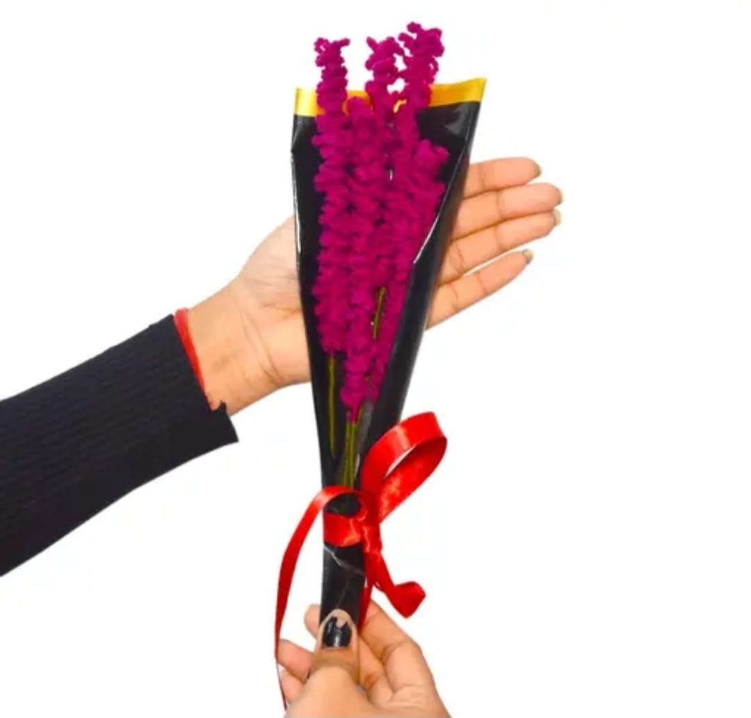 Handcrafted Crochet Flower Bouquet, Magenta, Black and Gold Wrap with Red Satin Ribbon, Gift Ready