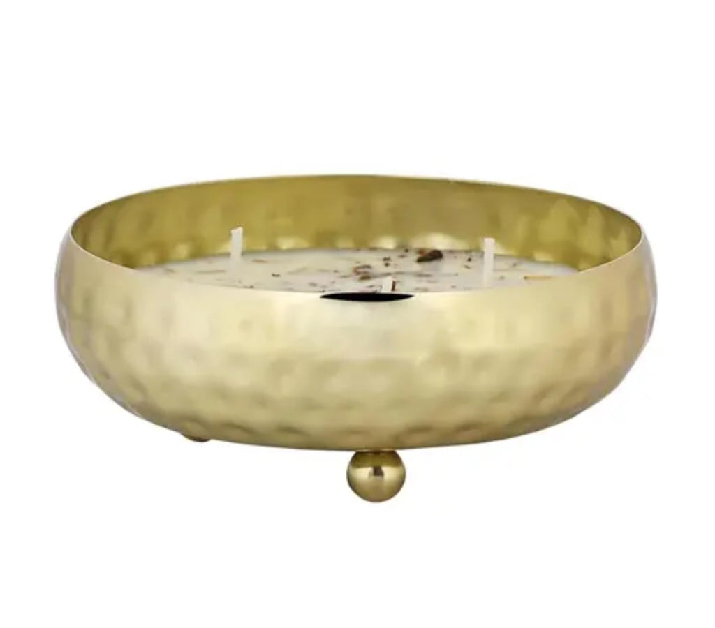 Decorative Gold Hammered Metal Citronella Candle Bowl with Feet, White Wax with Botanical Herbs