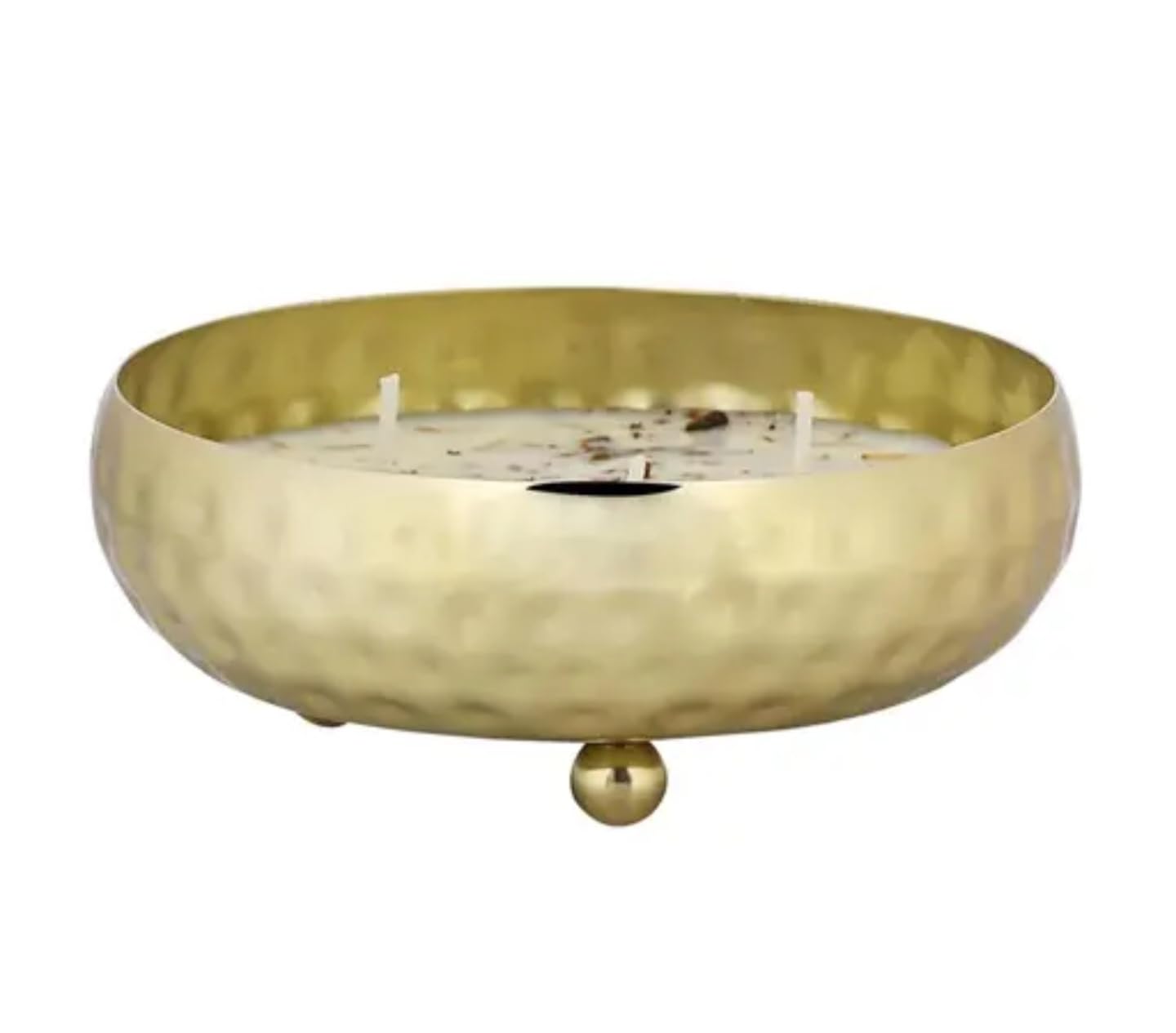 Decorative Gold Hammered Metal Citronella Candle Bowl with Feet, White Wax with Botanical Herbs