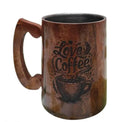 Wooden Coffee Mug with Engraved 'Love Coffee' Design, Rustic Style, Dark Brown, eco friendly