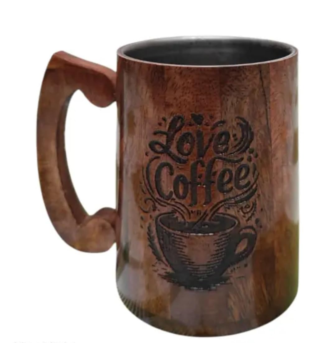 Wooden Coffee Mug with Engraved 'Love Coffee' Design, Rustic Style, Dark Brown, eco friendly