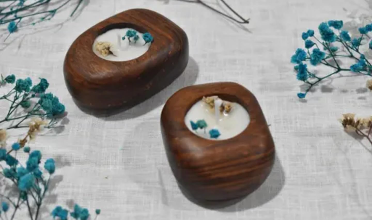 Handcrafted Wooden Tealight Candles, Dark Brown, Set of 2, Rustic Home Decor with Floral Arrangement