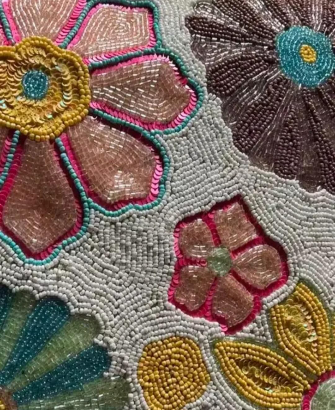 Beaded Floral Throw Pillow Cover, Multicolor, Handcrafted Embroidered Cushion Cover, Boho Floral Design