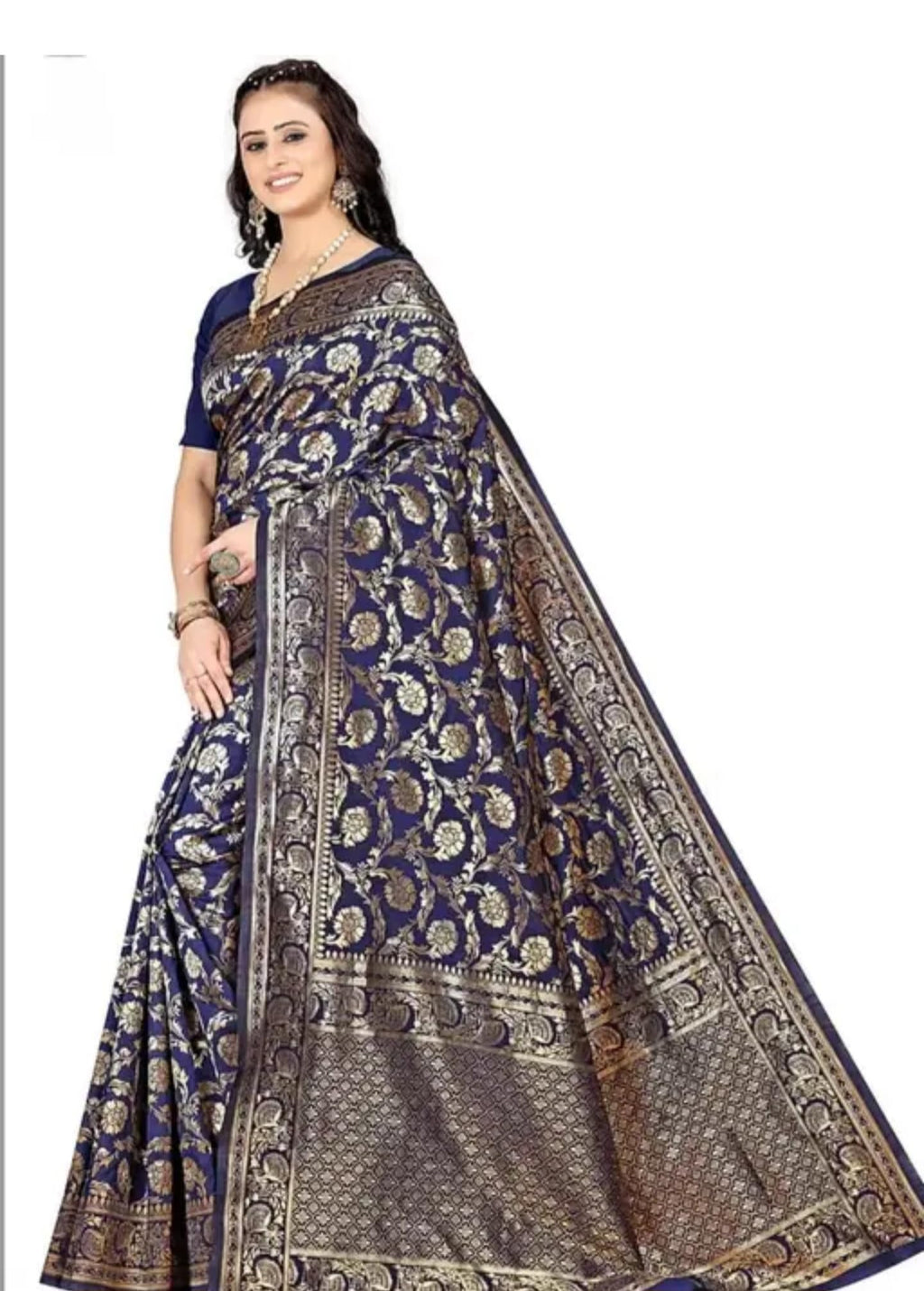 Traditional Banarasi Silk Saree, Navy Blue with Silver Floral Design, Handwoven Wedding Wear, Rich Border