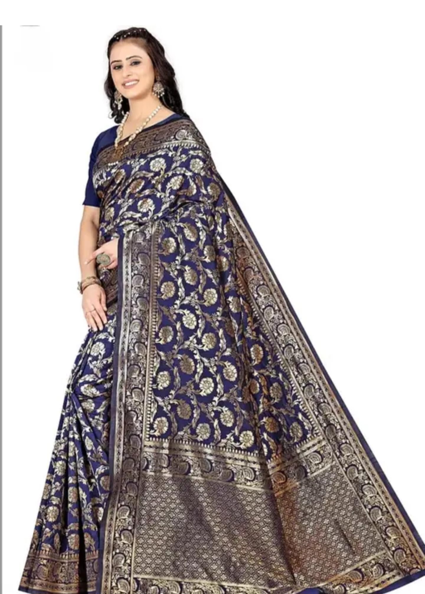 Traditional Banarasi Silk Saree, Navy Blue with Silver Floral Design, Handwoven Wedding Wear, Rich Border