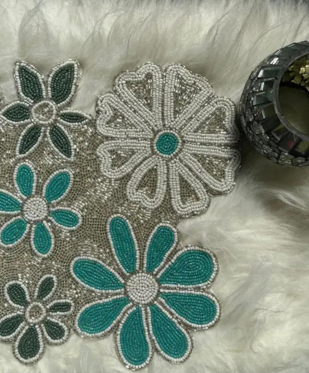 Handcrafted Beaded Placemat, Turquoise and Silver Floral Design, Round Glass Beaded Table Mat, Decorative Dining Decor