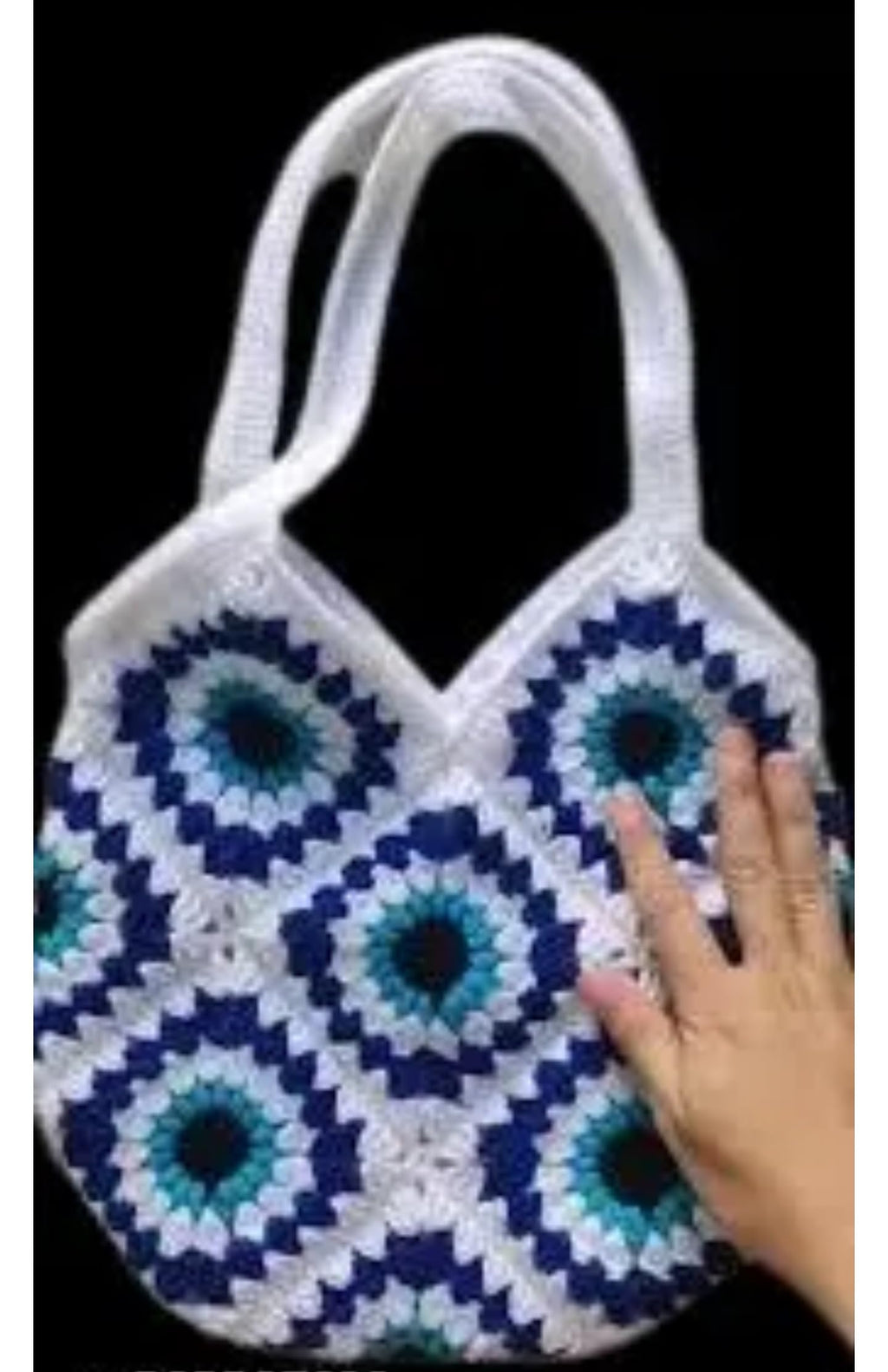 Handmade Crochet bag, Blue and White Sunflower Pattern, Cotton