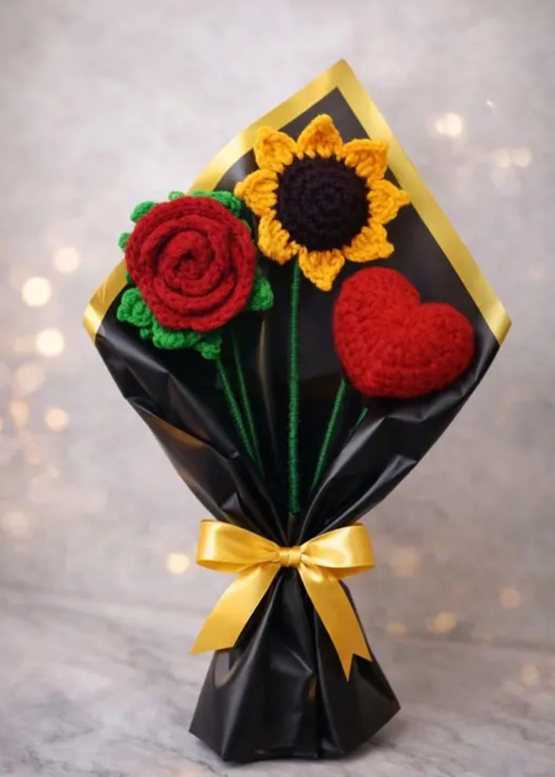 Handmade Crochet Flower Bouquet, Red Rose and Sunflower with Heart, Gift Wrapped