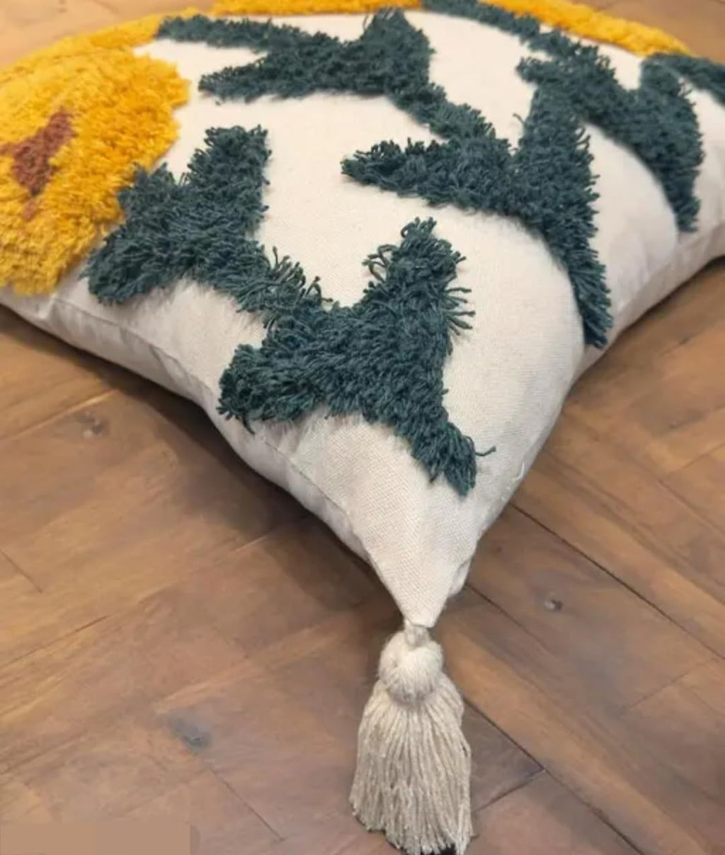 Sunflower Tufted Throw Pillow Cover, Cream, Boho Style with Tassels, Floral Embroidered Cushion Cover