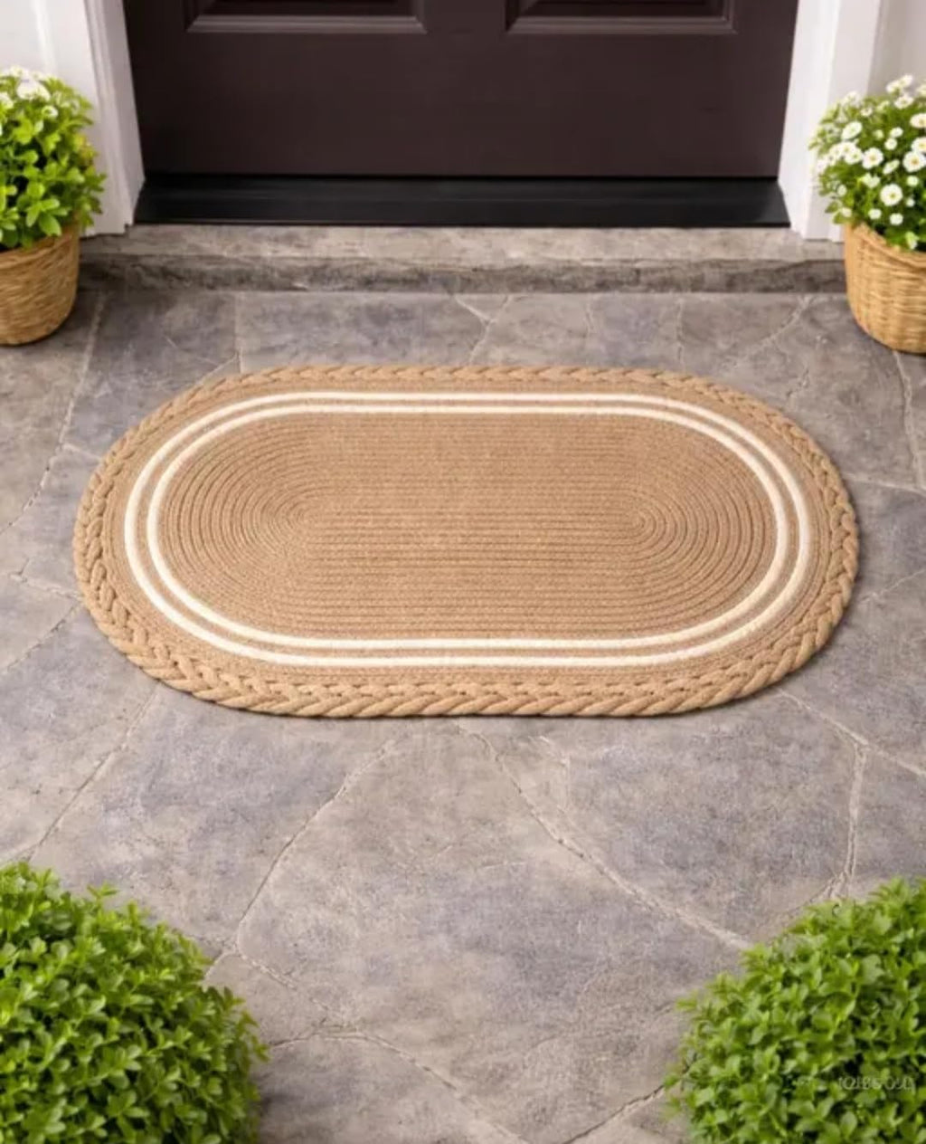Oval Braided Doormat, Natural Tan with White Stripe, Indoor Outdoor Entryway Rug