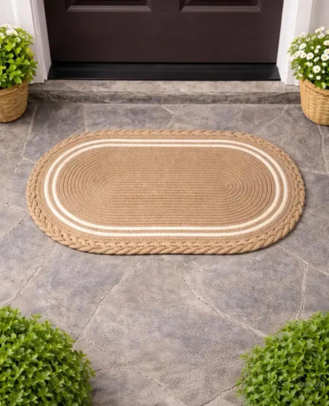 Oval Braided Doormat, Natural Tan with White Stripe, Indoor Outdoor Entryway Rug