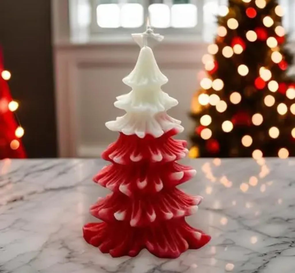 Red and White Christmas Tree Candle with Wooden Base, Decorative Holiday Candle