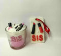 SIS Candle Gift Set with Makeup Charm, Sister Themed Decorative Wax Candle in Glass, Pink and White