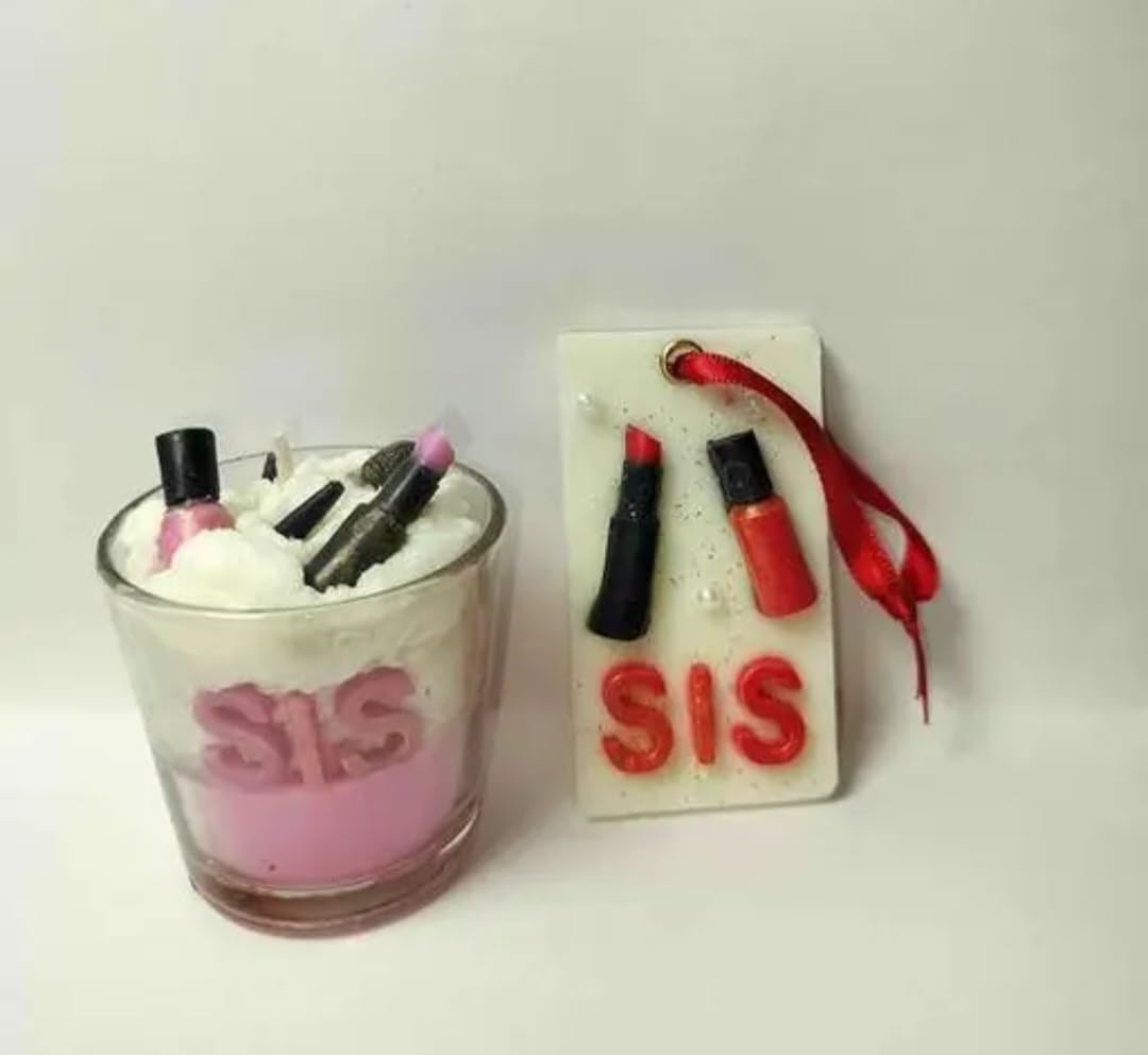 SIS Candle Gift Set with Makeup Charm, Sister Themed Decorative Wax Candle in Glass, Pink and White