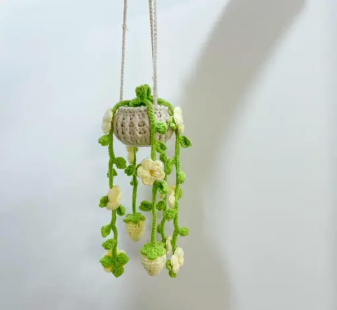 Crochet Hanging Planter, Handmade Knit Basket with Trailing Vines, Flowers, and Strawberries, Boho Home Decor