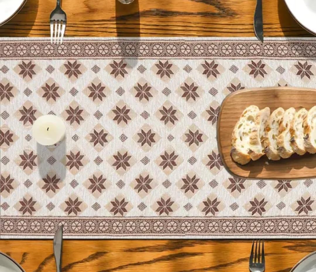 Table Runner with Star Pattern, Beige and Brown, Geometric Border Design, Dining Table Decor