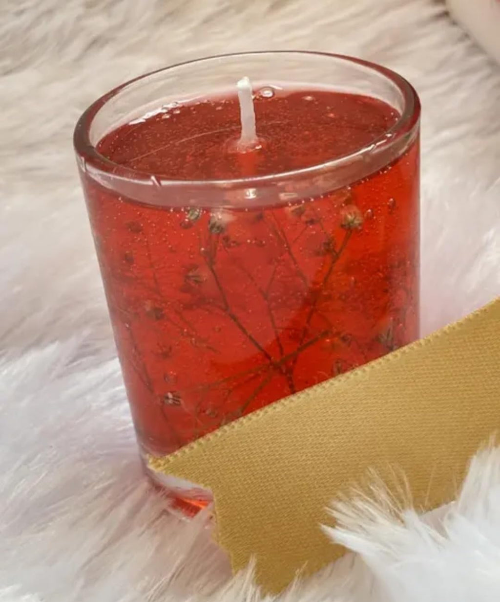 Gel Candle with Dried Baby's Breath Flowers, Clear Glass Votive, Botanical Floral Design