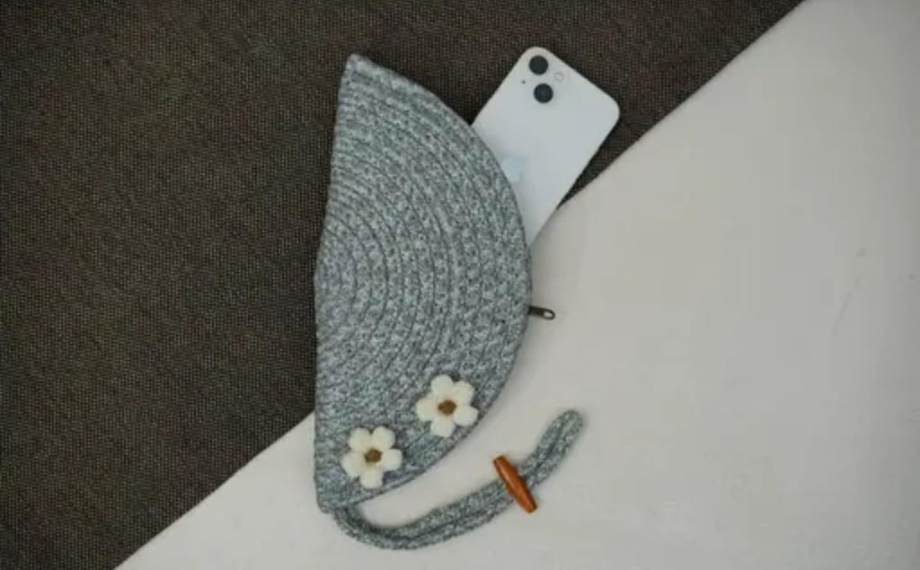 Handcrafted Woven Half-Moon Clutch, Grey with White Floral Accents, Braided Strap