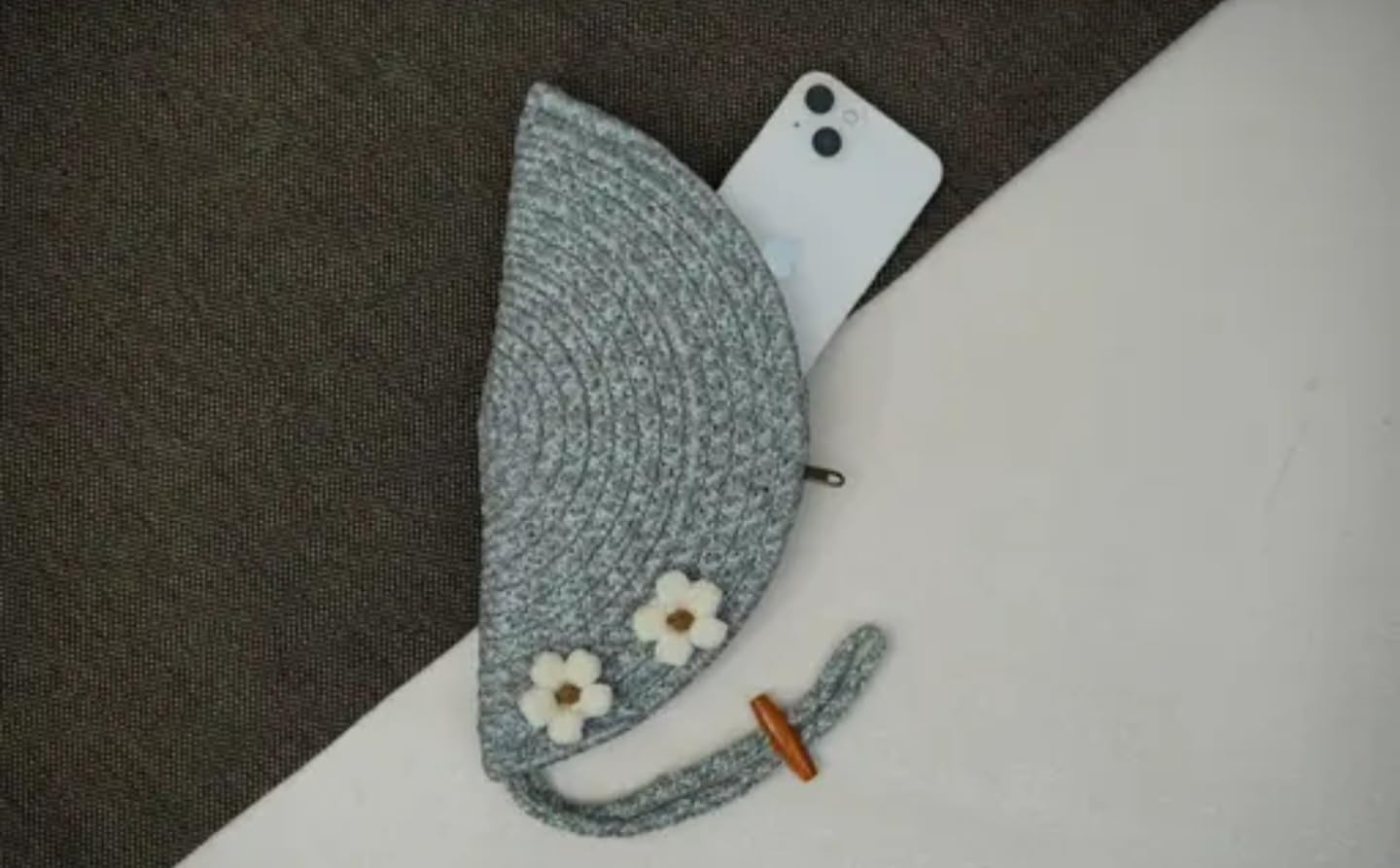 Handcrafted Woven Half-Moon Clutch, Grey with White Floral Accents, Braided Strap