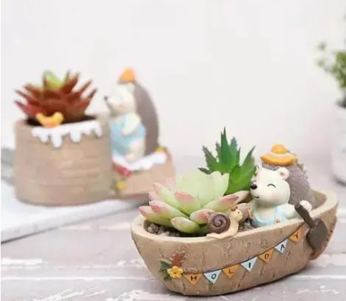 Decorative Succulent Planter, Concrete Bird Shape Pot with Holiday Banner, Gray, Indoor Garden Decor